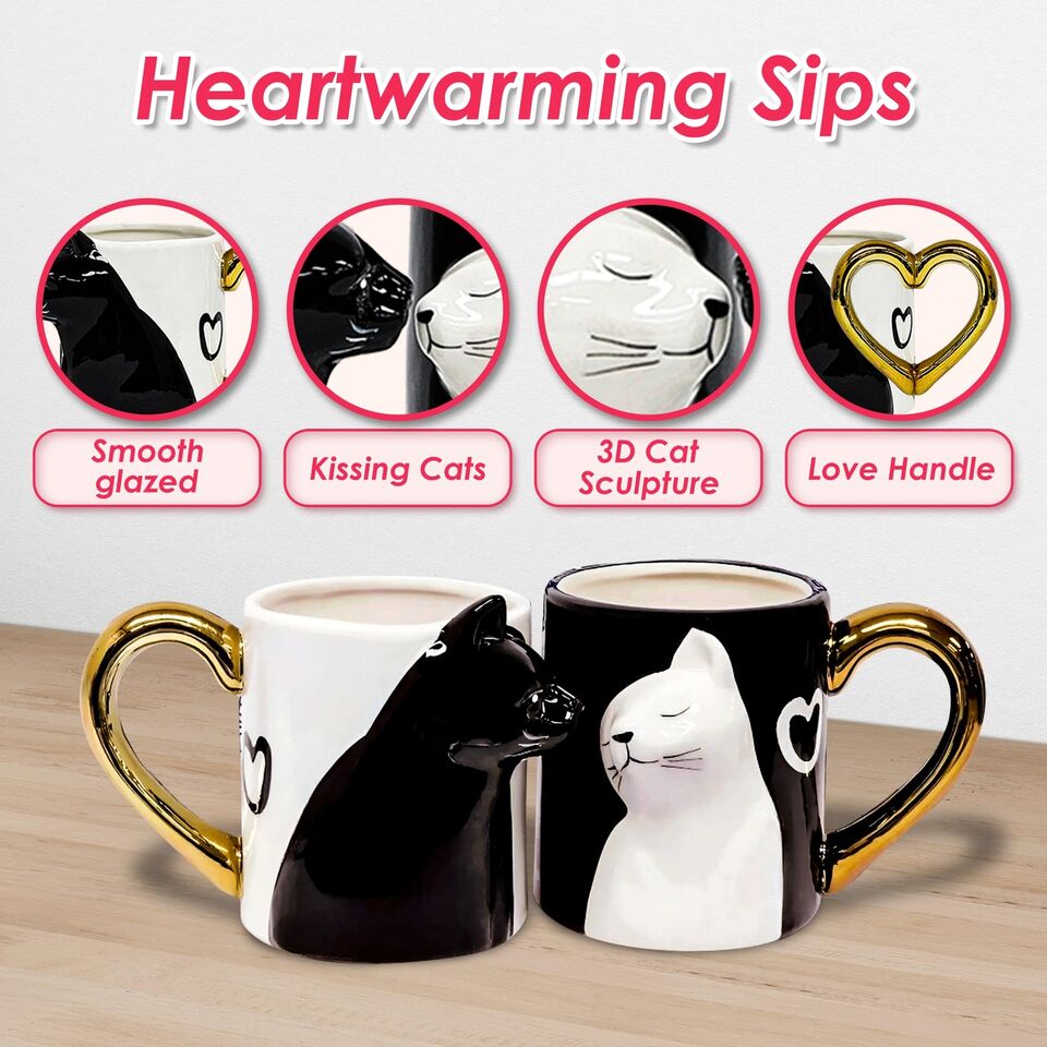 Couple Gifts Cute Kissing Cat Mug Set Matching Couples Gold Ceramic Coffee