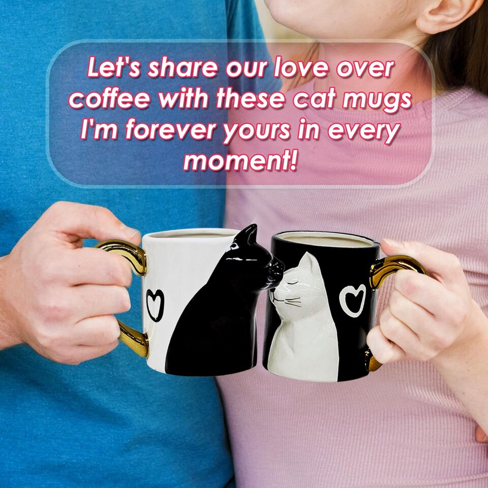 Couple Gifts Cute Kissing Cat Mug Set Matching Couples Gold Ceramic Coffee