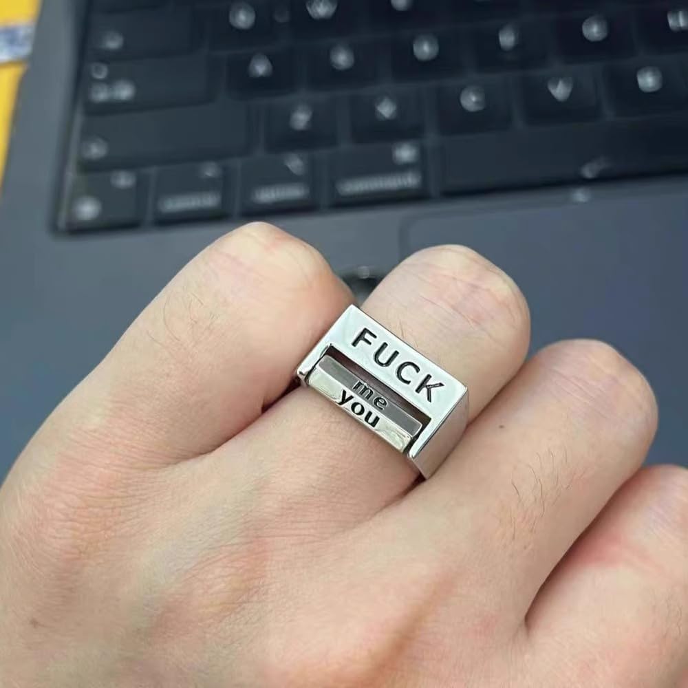 2Pcs Creative Fu*K Rotatable Mood Control Ring,Mood Ring Retro Style Open Ring,Fu*k You Fu*k Everything Square Ring for Women Men