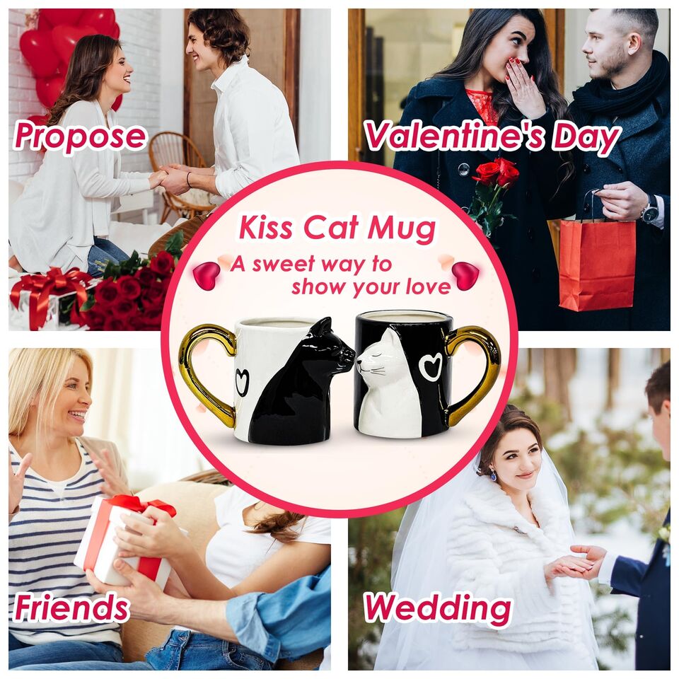 Couple Gifts Cute Kissing Cat Mug Set Matching Couples Gold Ceramic Coffee