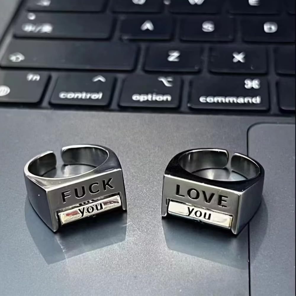 2Pcs Creative Fu*K Rotatable Mood Control Ring,Mood Ring Retro Style Open Ring,Fu*k You Fu*k Everything Square Ring for Women Men