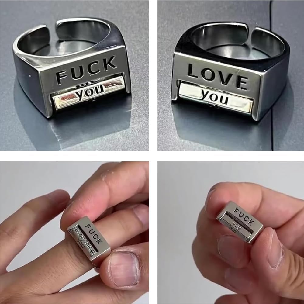2Pcs Creative Fu*K Rotatable Mood Control Ring,Mood Ring Retro Style Open Ring,Fu*k You Fu*k Everything Square Ring for Women Men