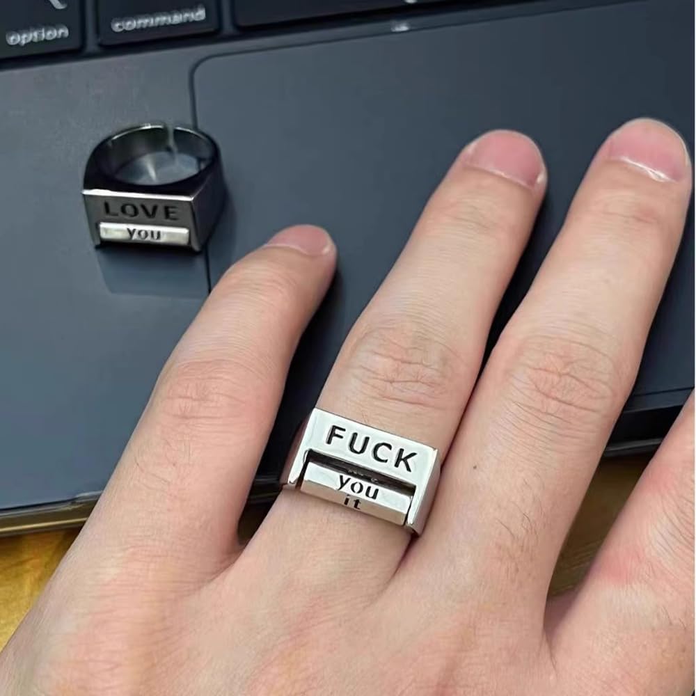 2Pcs Creative Fu*K Rotatable Mood Control Ring,Mood Ring Retro Style Open Ring,Fu*k You Fu*k Everything Square Ring for Women Men