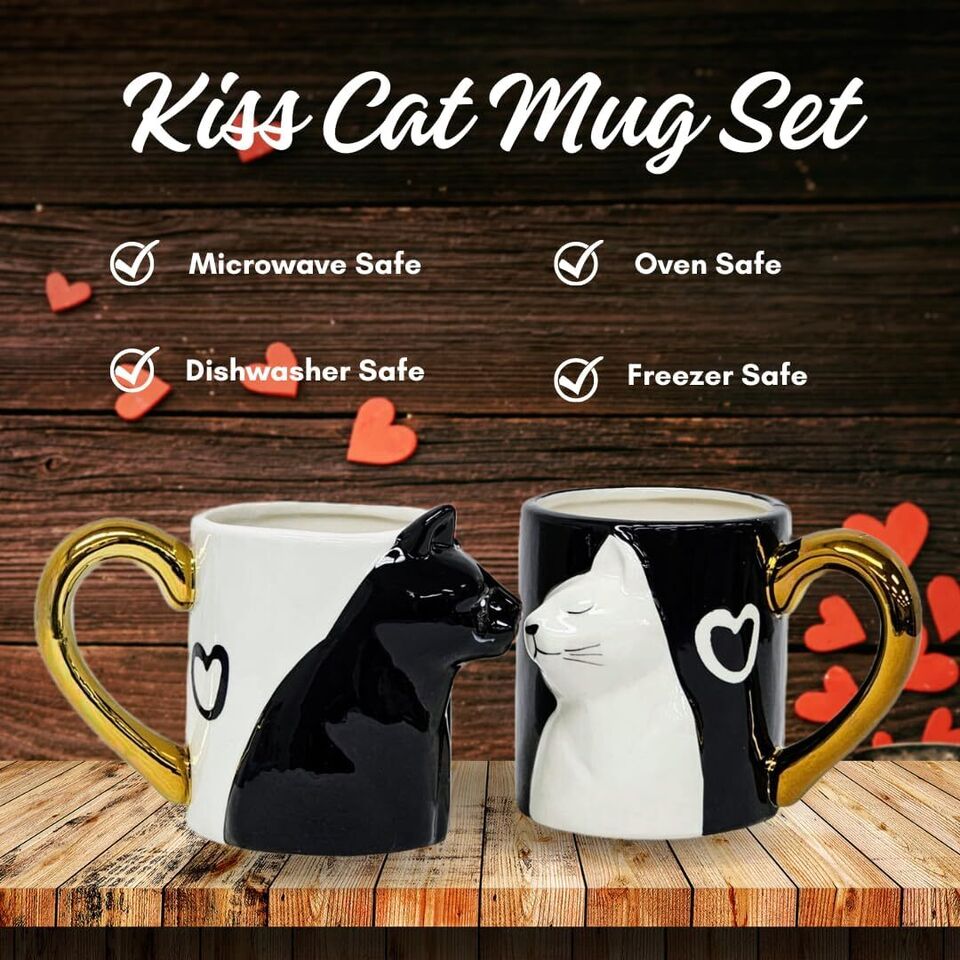 Couple Gifts Cute Kissing Cat Mug Set Matching Couples Gold Ceramic Coffee