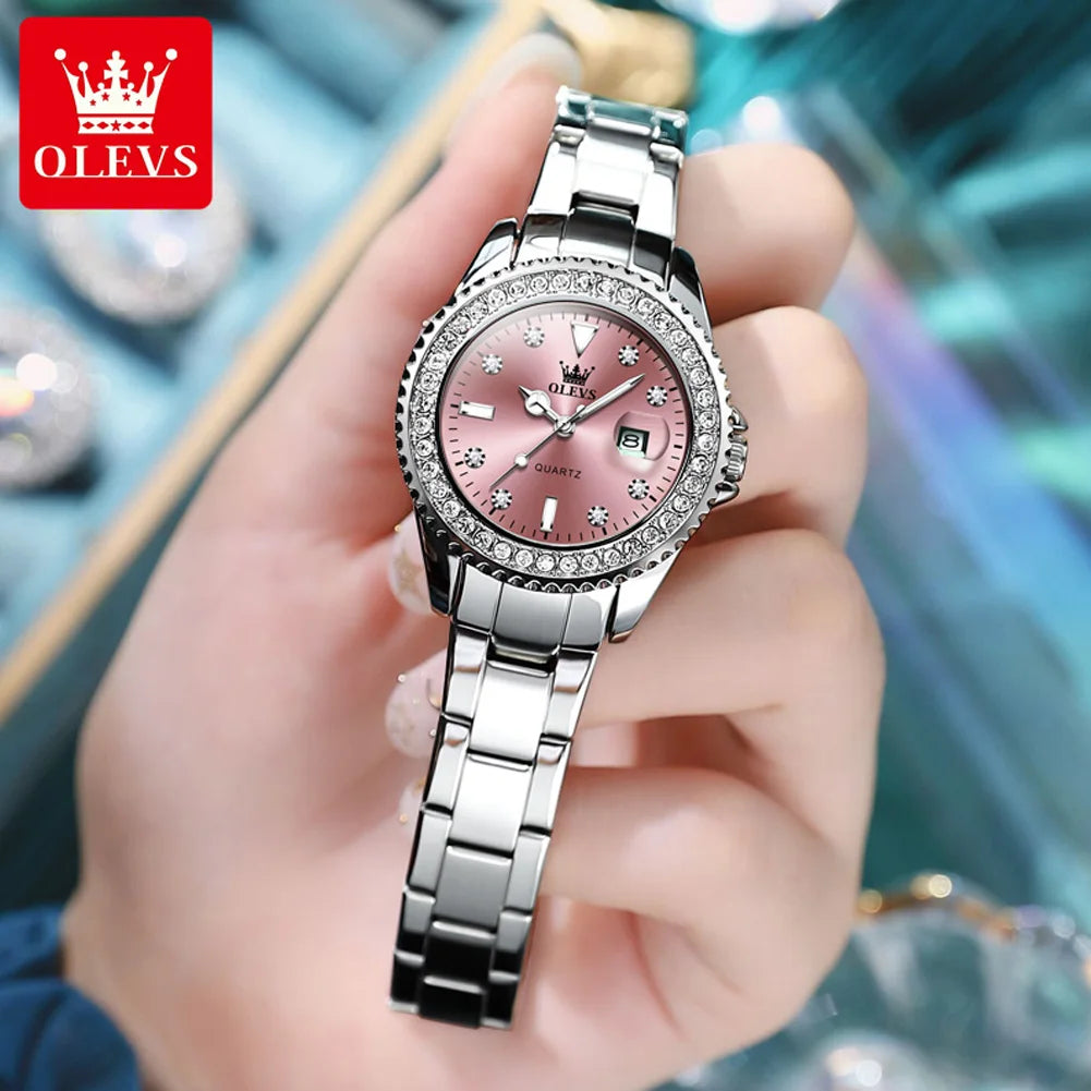 Waterproof Quartz Ladies Watch OLEVS Luminous Date Stainless Steel Women Strap