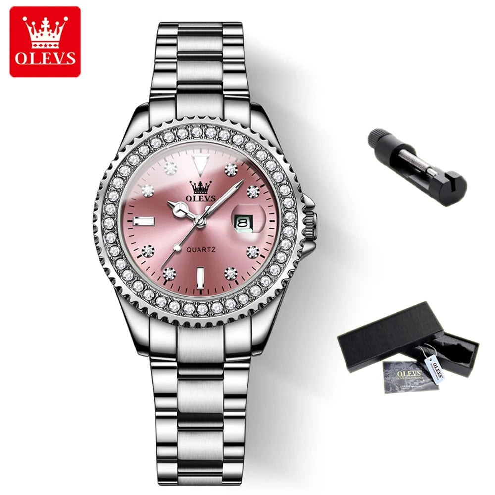 Waterproof Quartz Ladies Watch OLEVS Luminous Date Stainless Steel Women Strap