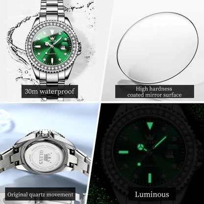 Waterproof Quartz Ladies Watch OLEVS Luminous Date Stainless Steel Women Strap