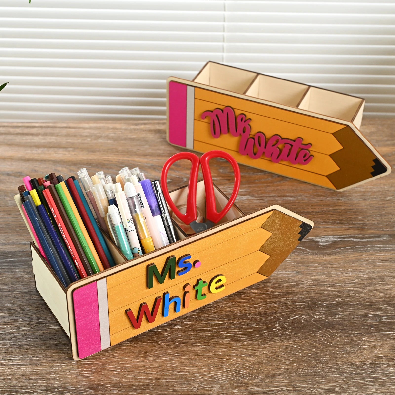 Personalized Wood Pen Holder - Teacher Gift, Hand-Painted Organizer