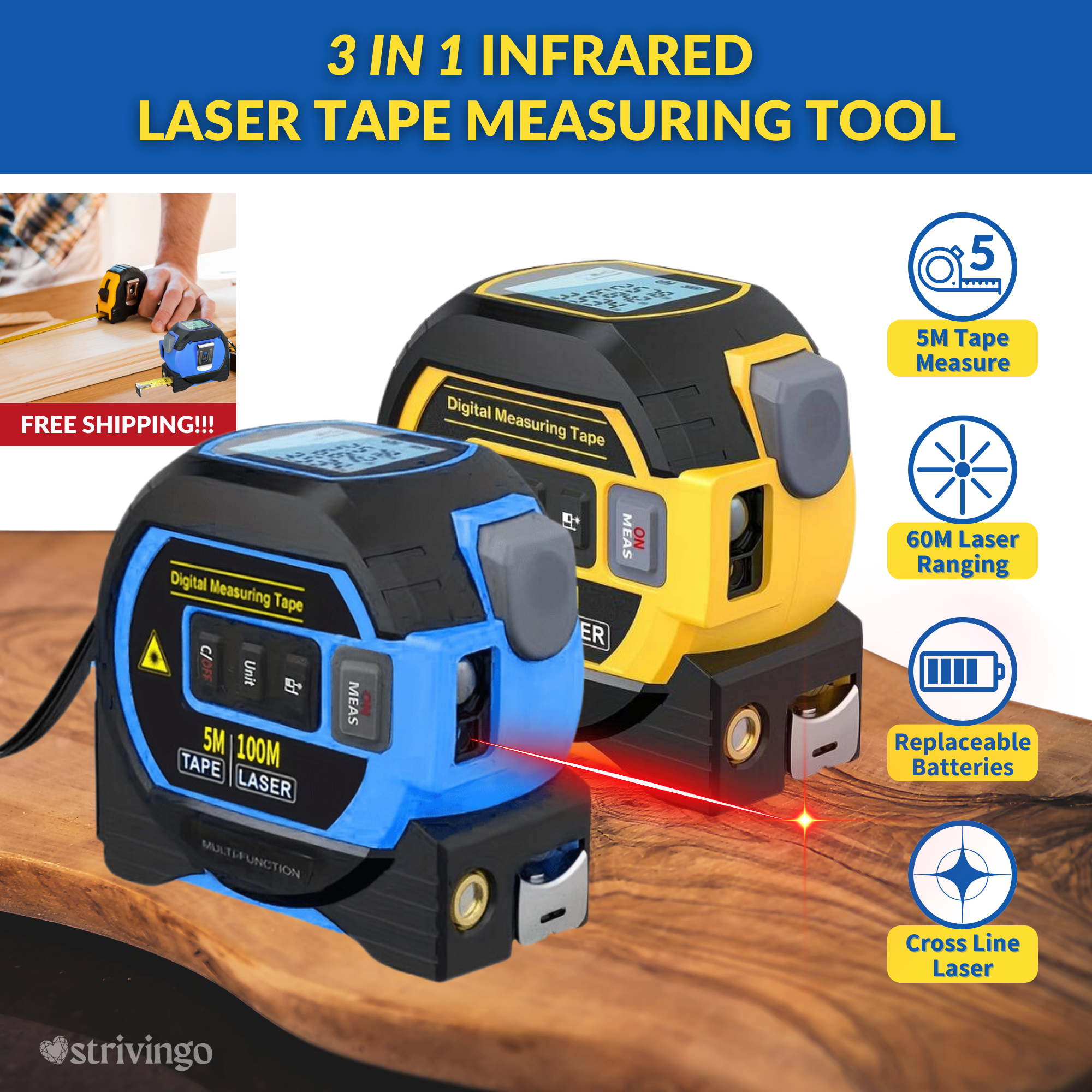 3 in 1 Infrared Laser Tape Measuring Tool