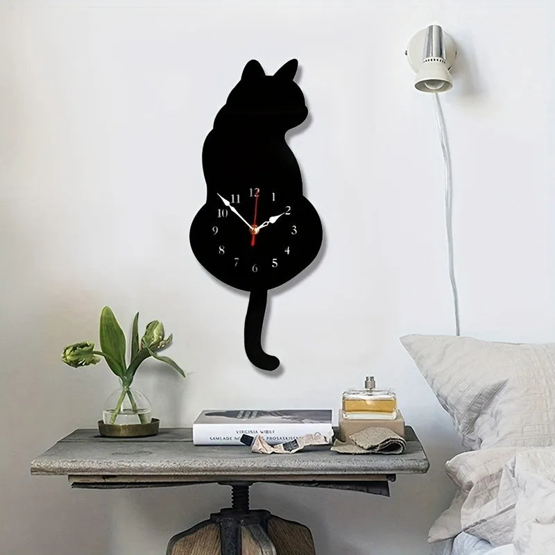 Black Cat Pendulum Wall Clock with Moving Tail – Unique Home Decor