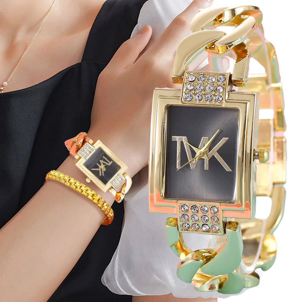 Luxury Gold Ladies  Watch - Diamond Square Quartz with Stainless Steel Strap