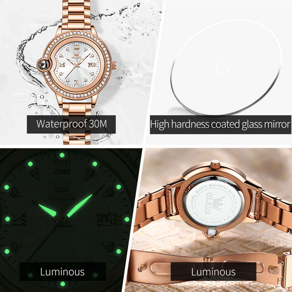 Waterproof Stainless Steel Quartz Watch for Women - Luminous Dial and Date Display