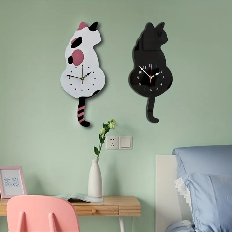 Black Cat Pendulum Wall Clock with Moving Tail – Unique Home Decor