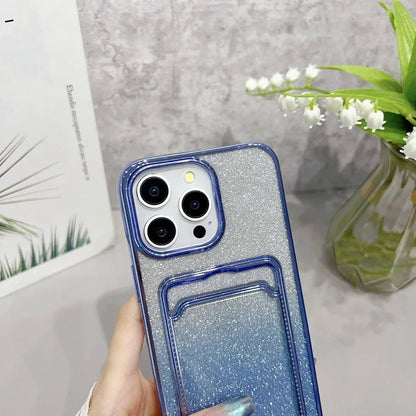 Luxury Gradient Glitter Powder Phone Case with Wristband & Card Holder for iPhone