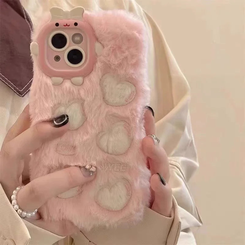 Plush Embroidered Cloud&Love Phone Case Suitable for IPhone  12 13 14 15 Pro Max Cartoon Fine Hole Lens Protection Case