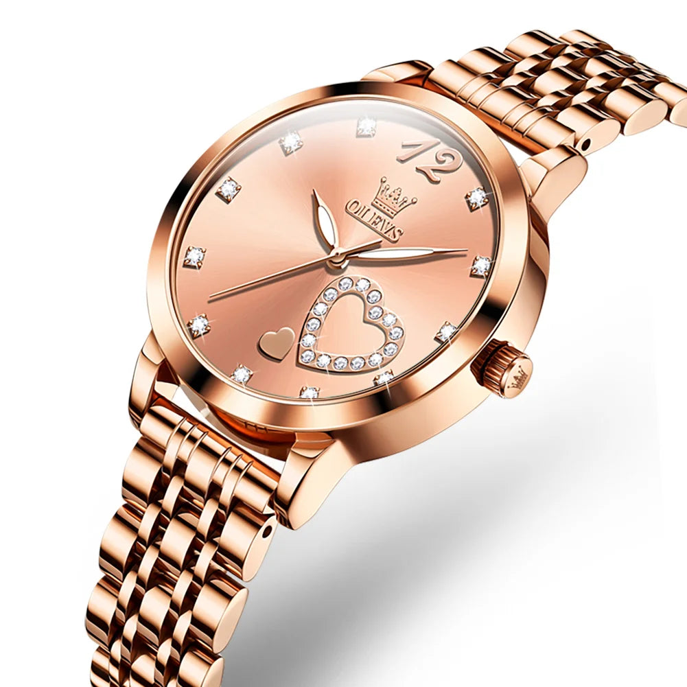 Women's Classic Stainless Steel Quartz Watch with Gem Heart - Waterproof