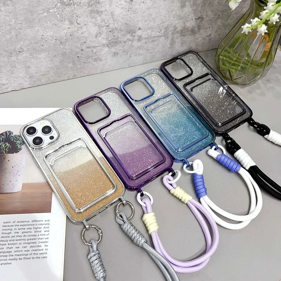 Luxury Gradient Glitter Powder Phone Case with Wristband & Card Holder for iPhone