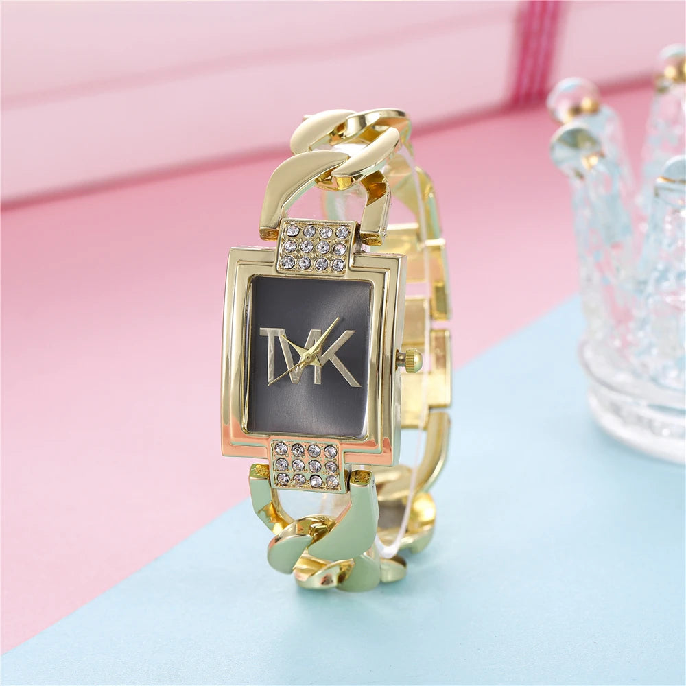 Luxury Gold Ladies  Watch - Diamond Square Quartz with Stainless Steel Strap