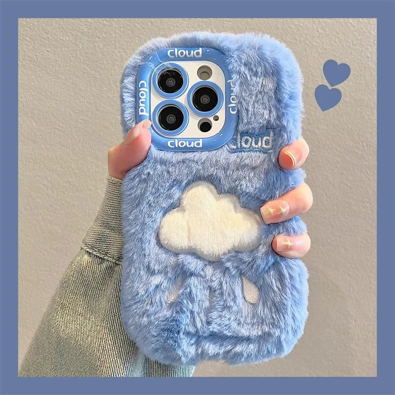 Plush Embroidered Cloud&Love Phone Case Suitable for IPhone  12 13 14 15 Pro Max Cartoon Fine Hole Lens Protection Case