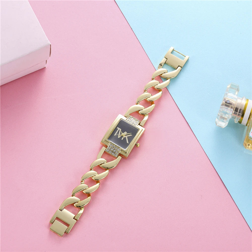 Luxury Gold Ladies  Watch - Diamond Square Quartz with Stainless Steel Strap