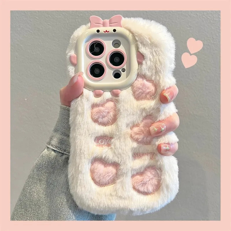 Plush Embroidered Cloud&Love Phone Case Suitable for IPhone  12 13 14 15 Pro Max Cartoon Fine Hole Lens Protection Case