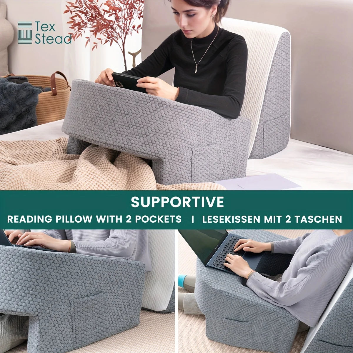 Ergonomic Reading Pillow and Lap Desk, Ideal for Bedtime Reading