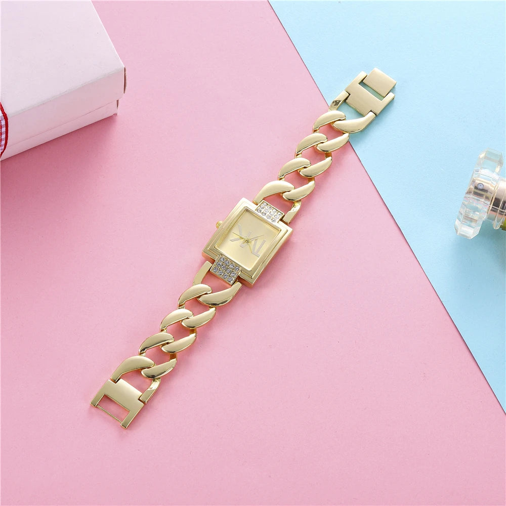 Luxury Gold Ladies  Watch - Diamond Square Quartz with Stainless Steel Strap