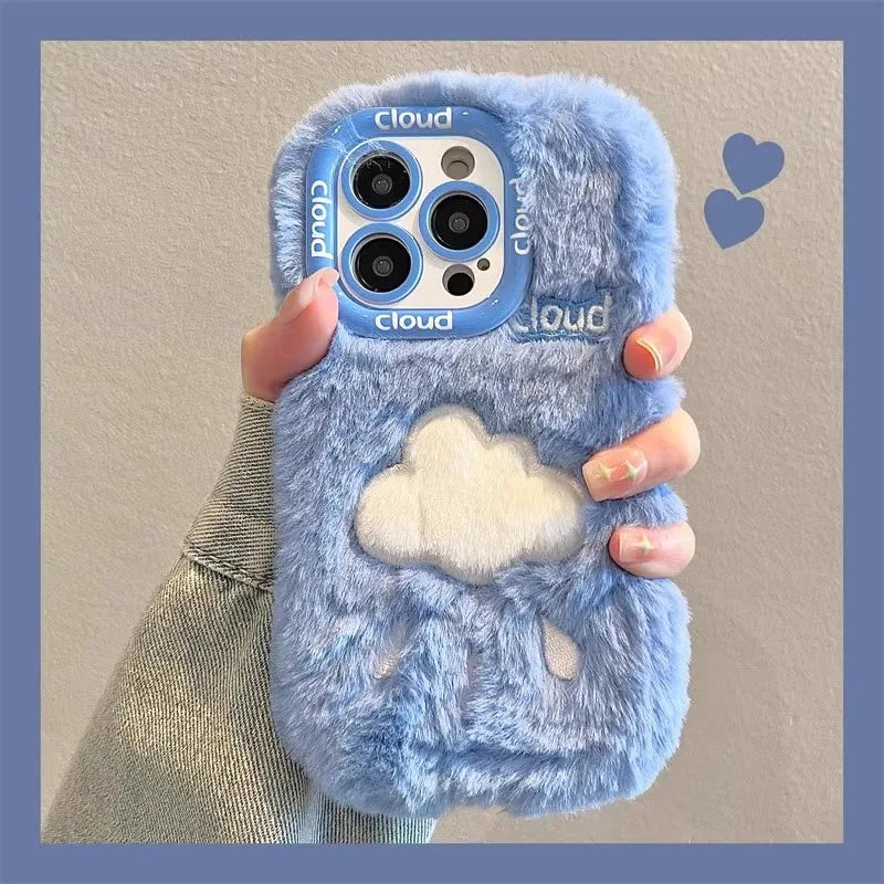 Plush Embroidered Cloud&Love Phone Case Suitable for IPhone  12 13 14 15 Pro Max Cartoon Fine Hole Lens Protection Case