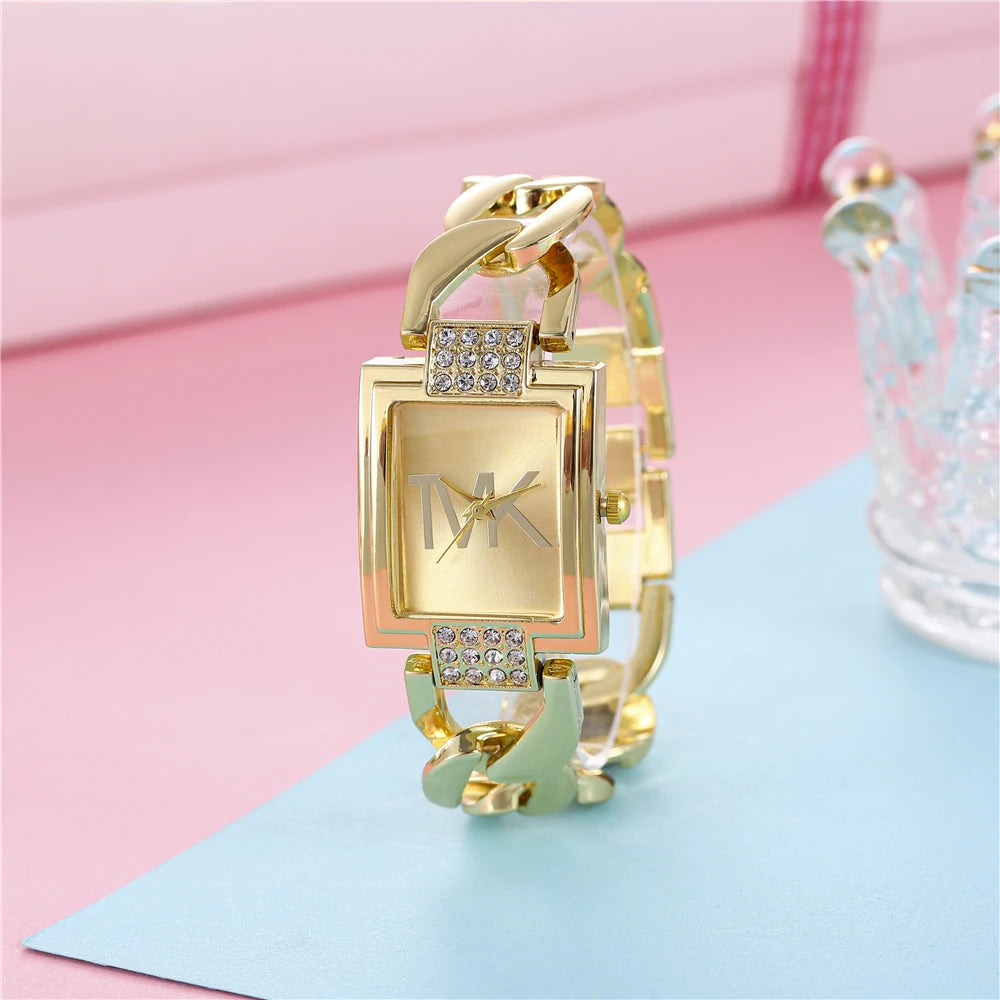 Luxury Gold Ladies  Watch - Diamond Square Quartz with Stainless Steel Strap