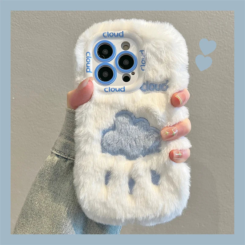 Plush Embroidered Cloud&Love Phone Case Suitable for IPhone  12 13 14 15 Pro Max Cartoon Fine Hole Lens Protection Case