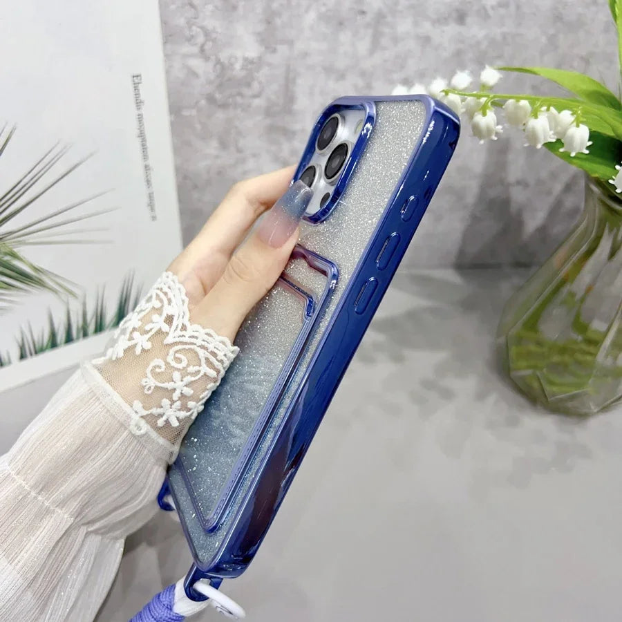 Luxury Gradient Glitter Powder Phone Case with Wristband & Card Holder for iPhone