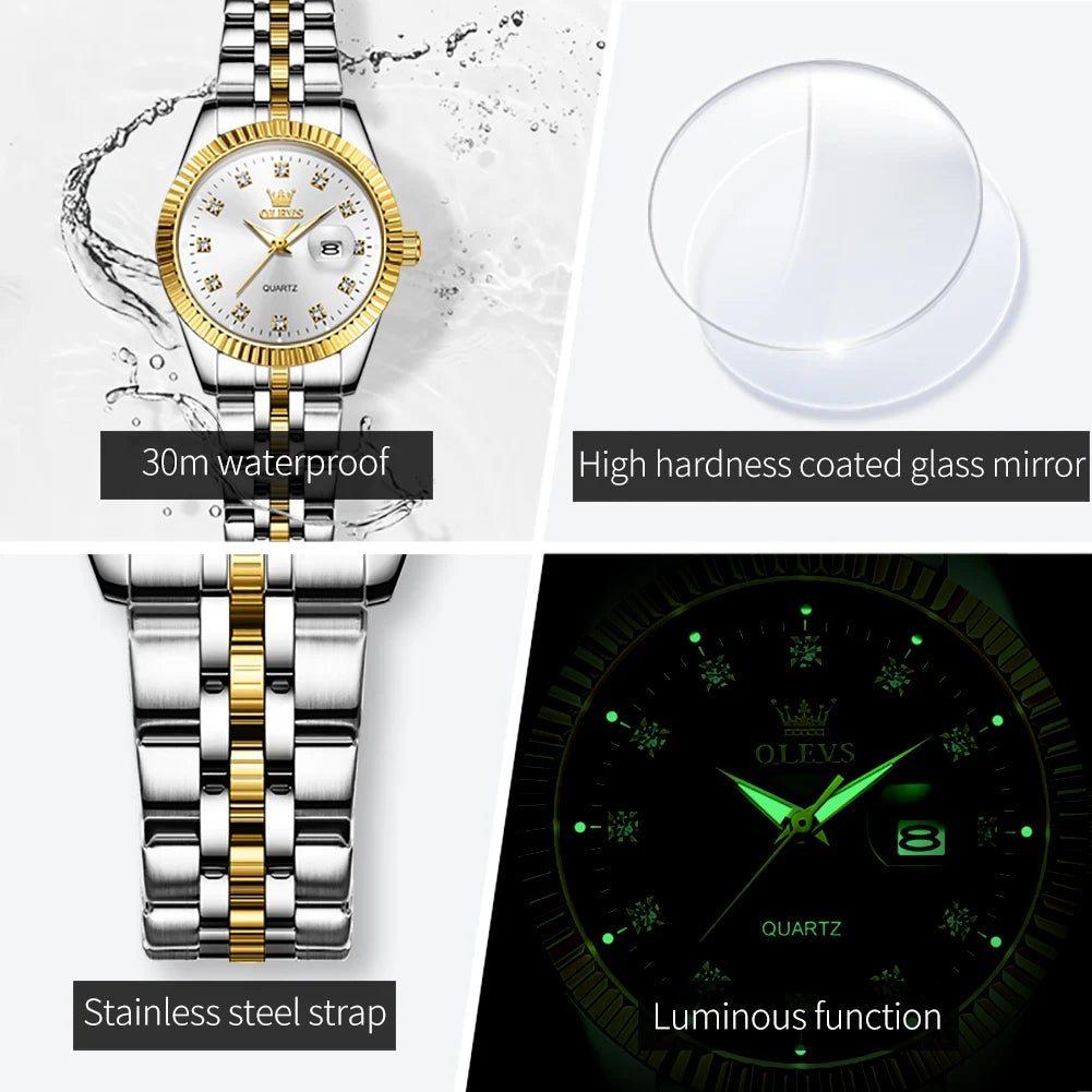 Waterproof Luxury Elegant OLEVS Watch Luminous Women's Date Quartz Diamond For