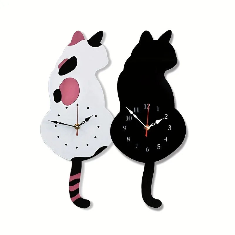 Black Cat Pendulum Wall Clock with Moving Tail – Unique Home Decor