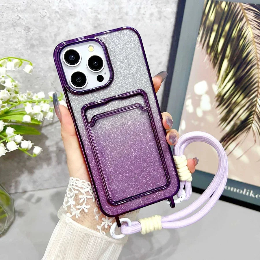 Luxury Gradient Glitter Powder Phone Case with Wristband & Card Holder for iPhone