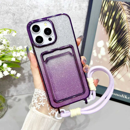 Luxury Gradient Glitter Powder Phone Case with Wristband & Card Holder for iPhone