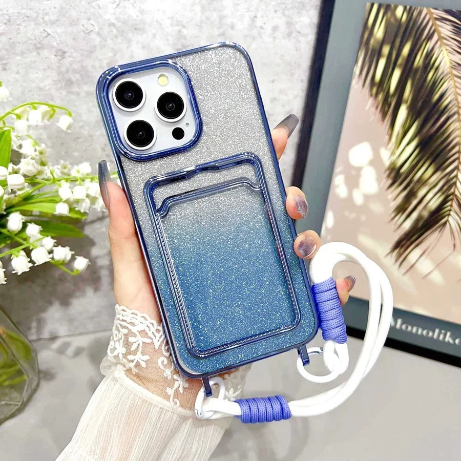 Luxury Gradient Glitter Powder Phone Case with Wristband & Card Holder for iPhone