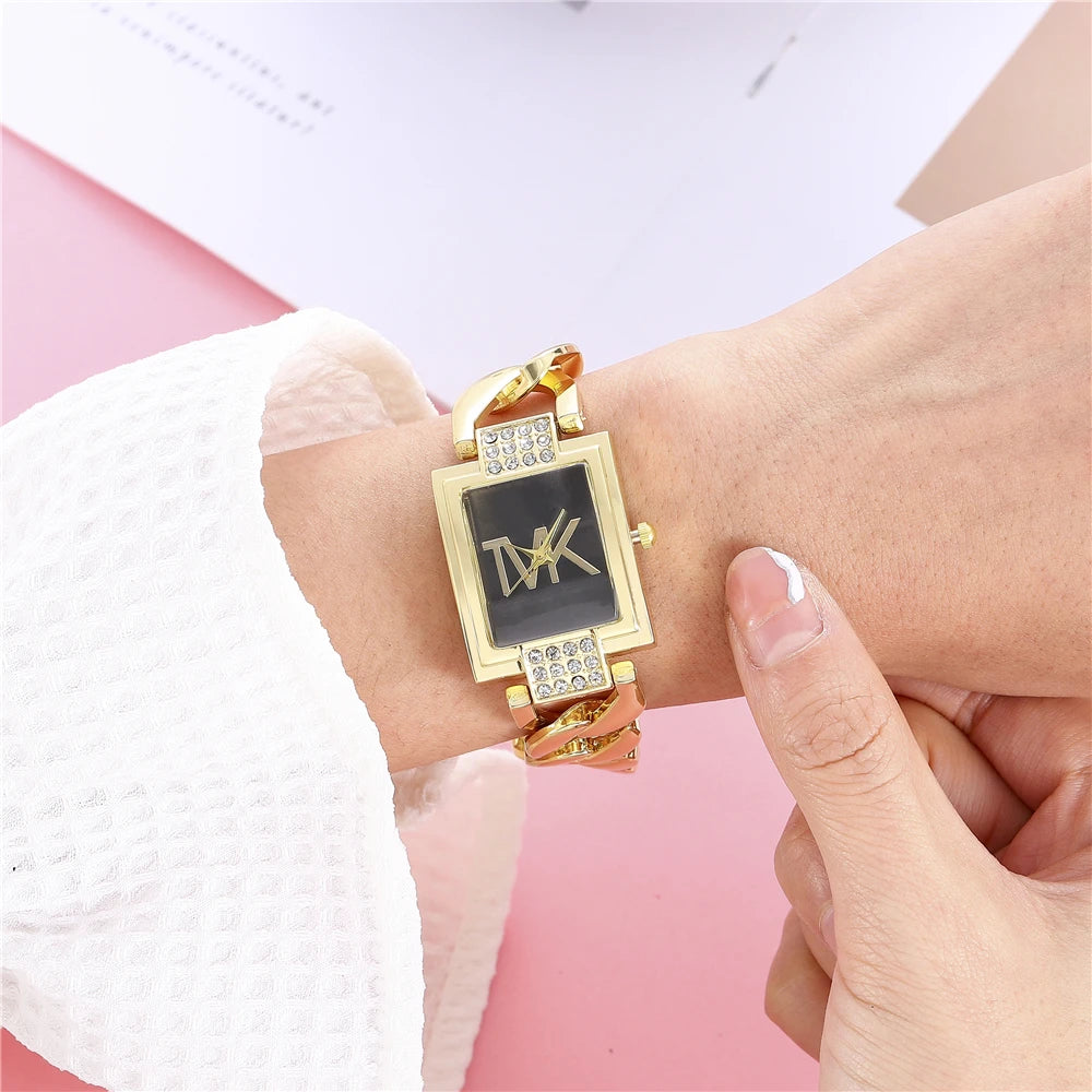 Luxury Gold Ladies  Watch - Diamond Square Quartz with Stainless Steel Strap