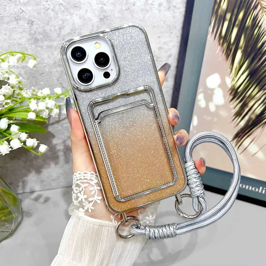 Luxury Gradient Glitter Powder Phone Case with Wristband & Card Holder for iPhone