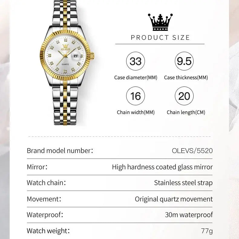 Waterproof Luxury Elegant OLEVS Watch Luminous Women's Date Quartz Diamond For