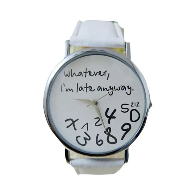 Women Whatever Im Late Anyway Letter Round Dial Faux Leather Strap Quartz Watch