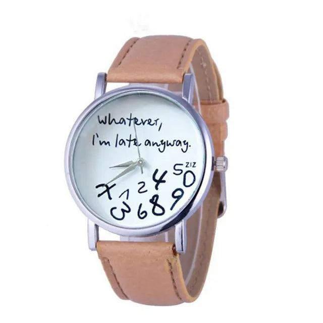 Women Whatever Im Late Anyway Letter Round Dial Faux Leather Strap Quartz Watch