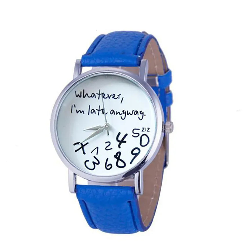 Women Whatever Im Late Anyway Letter Round Dial Faux Leather Strap Quartz Watch