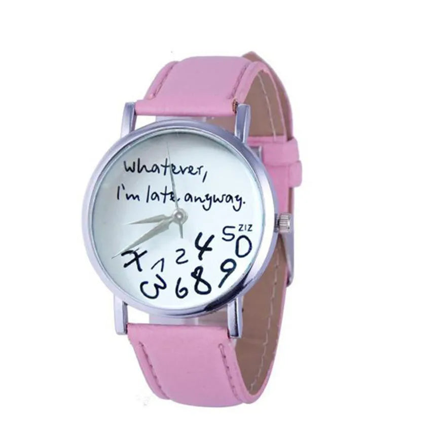 Women Whatever Im Late Anyway Letter Round Dial Faux Leather Strap Quartz Watch