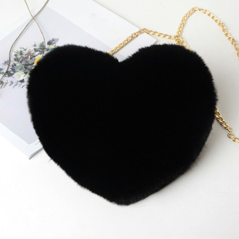 Women Faux Fur Shoulder Chain Bag Handbag Purse Furry Fluffy Heart Zip Cute Pink