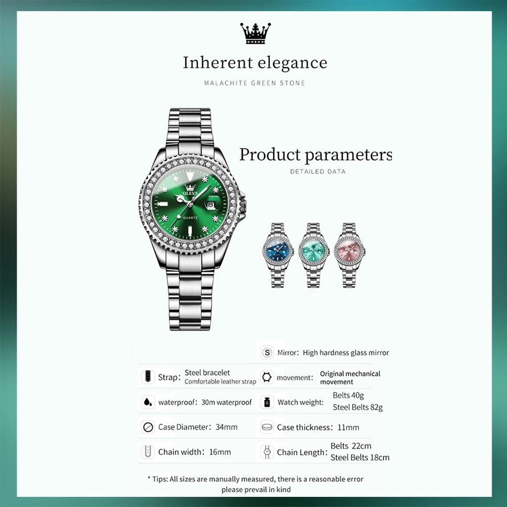 Waterproof Quartz Ladies Watch OLEVS Luminous Date Stainless Steel Women Strap