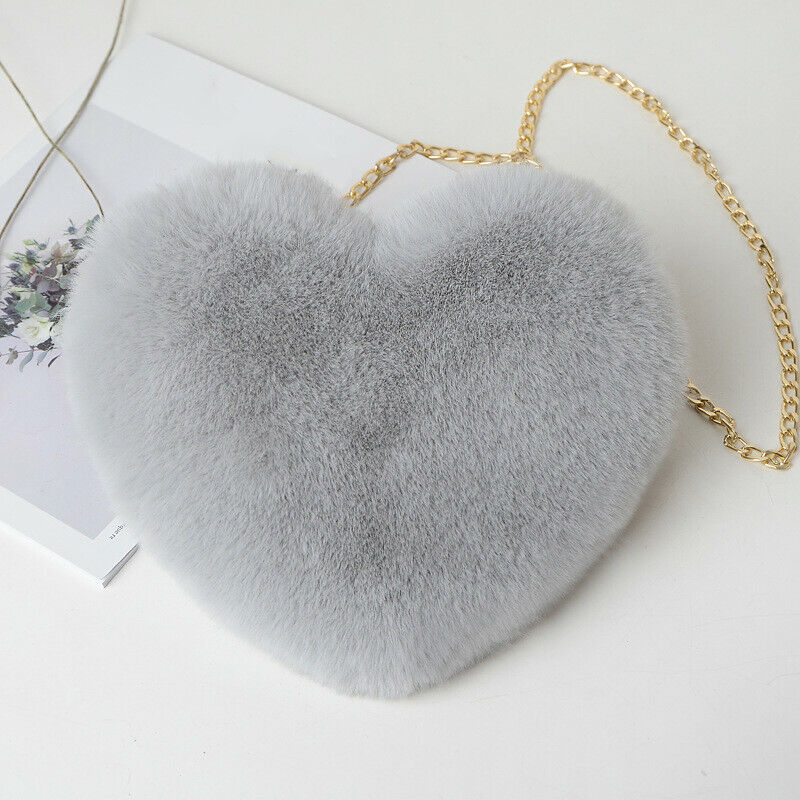 Women Faux Fur Shoulder Chain Bag Handbag Purse Furry Fluffy Heart Zip Cute Pink