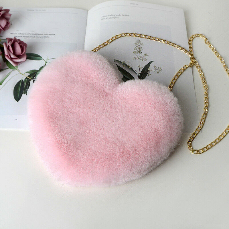 Women Faux Fur Shoulder Chain Bag Handbag Purse Furry Fluffy Heart Zip Cute Pink