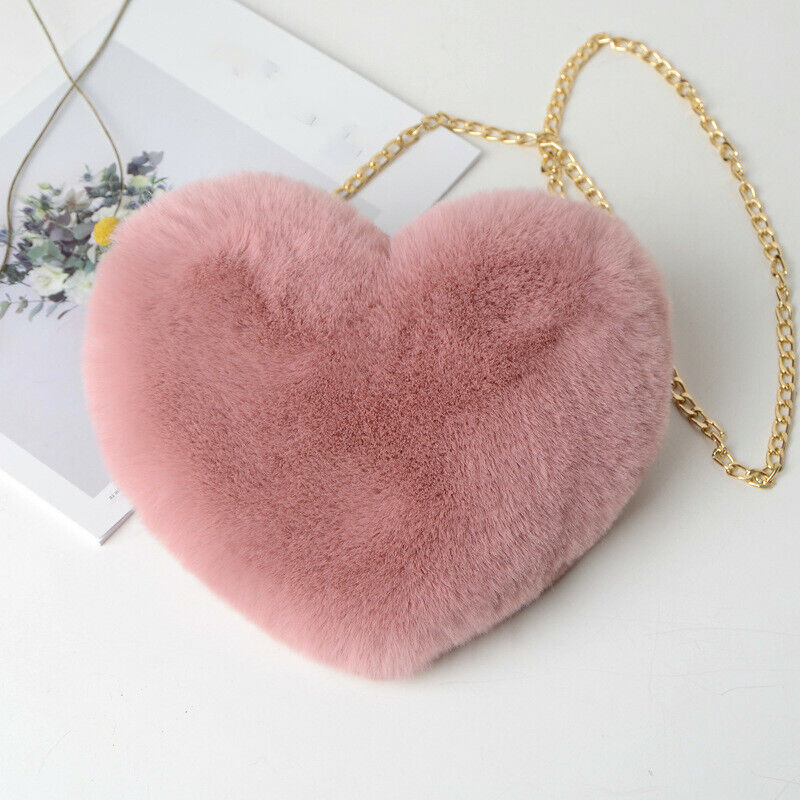 Women Faux Fur Shoulder Chain Bag Handbag Purse Furry Fluffy Heart Zip Cute Pink