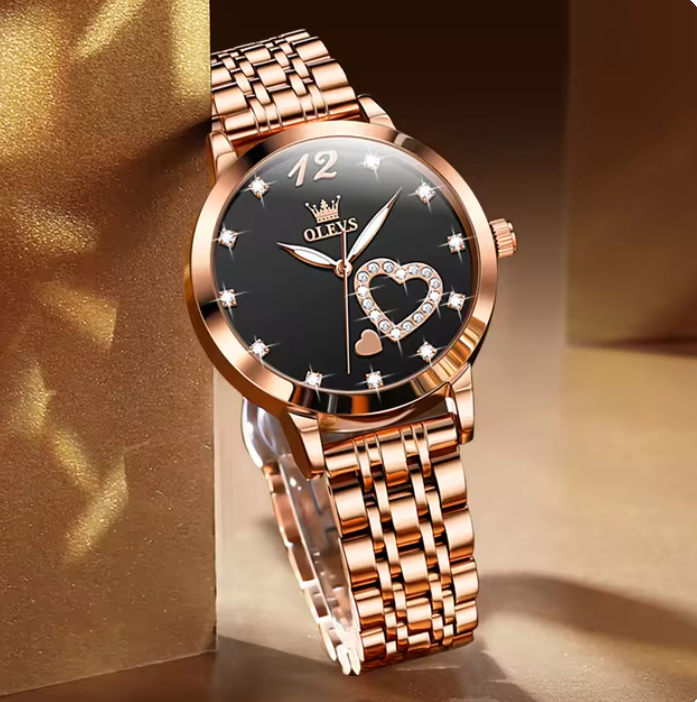 Women's Classic Stainless Steel Quartz Watch with Gem Heart - Waterproof