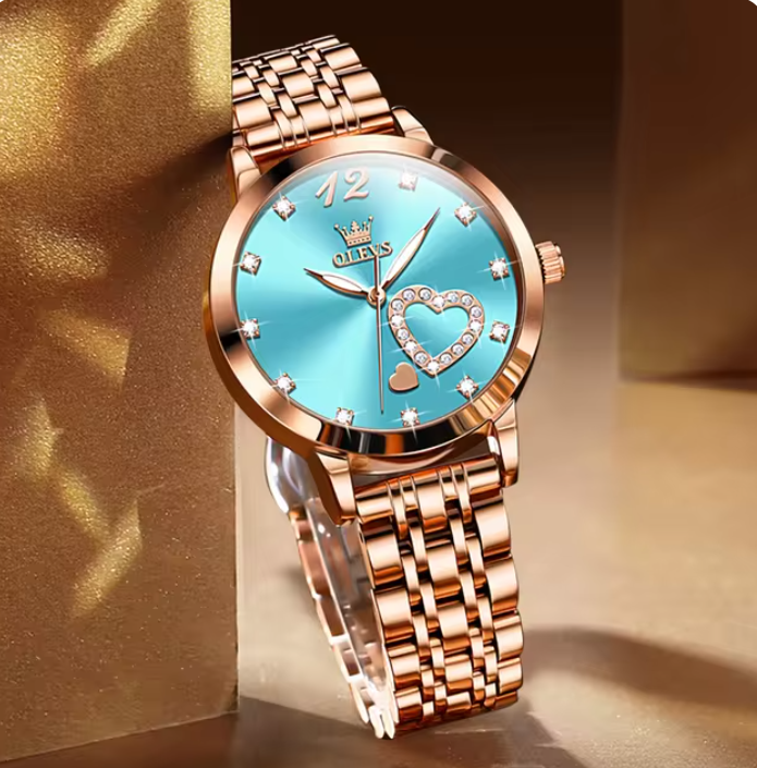 Women's Classic Stainless Steel Quartz Watch with Gem Heart - Waterproof